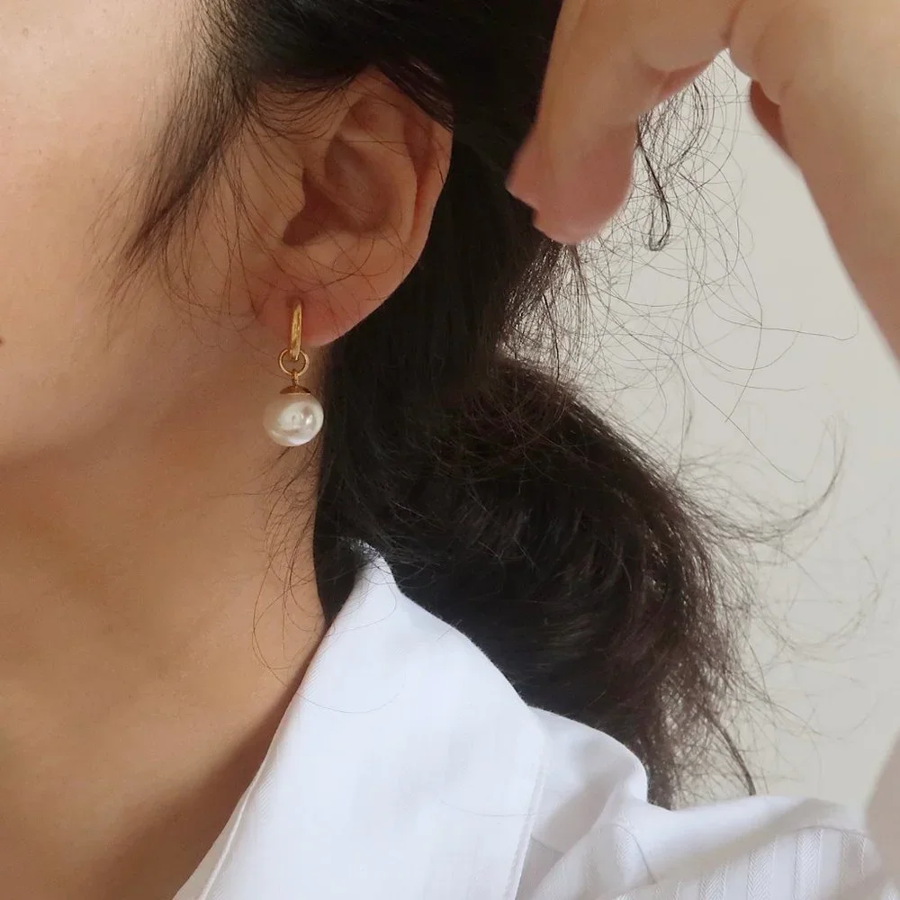 NEW 18K Gold Plated Round Pearl Drop Huggie Round Hoop Earrings